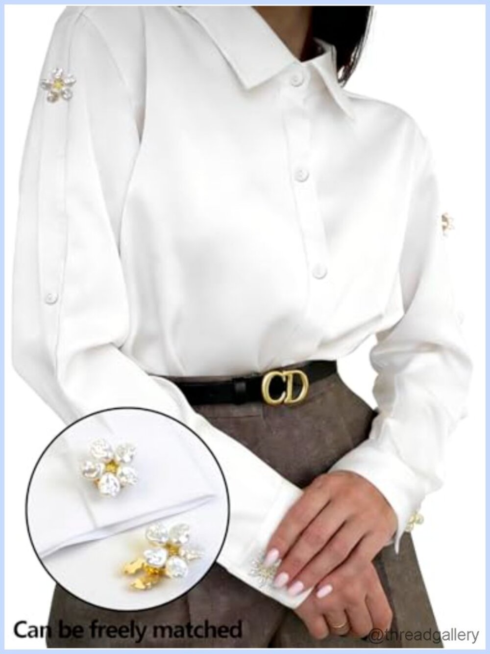 Elegant Satin Blouse Pearl Flower Embellishments Long Sleeve Button Down - Picture 3 of 6